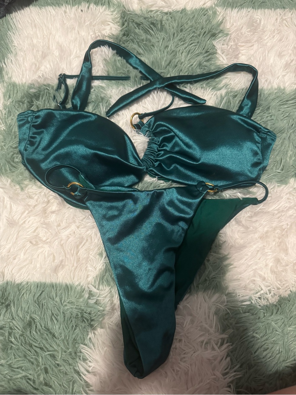 SHEIN Emerald Satin Halter Bikini with Gold Rings